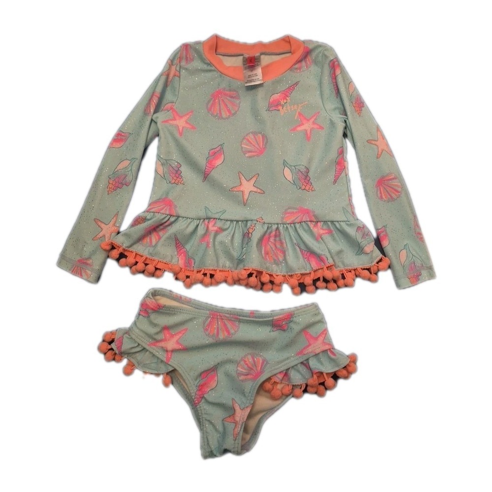 Betsey Johnson Girl's 3T L/S‎   2 Pc Rash Guard Tankini Swimsuit Blue Sea Shell